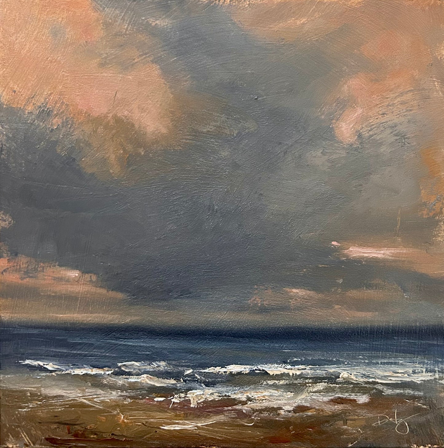 An expressive painting of a stormy seascape with dark gray clouds, muted peach highlights, deep blue water, and white surf on a rocky shore.