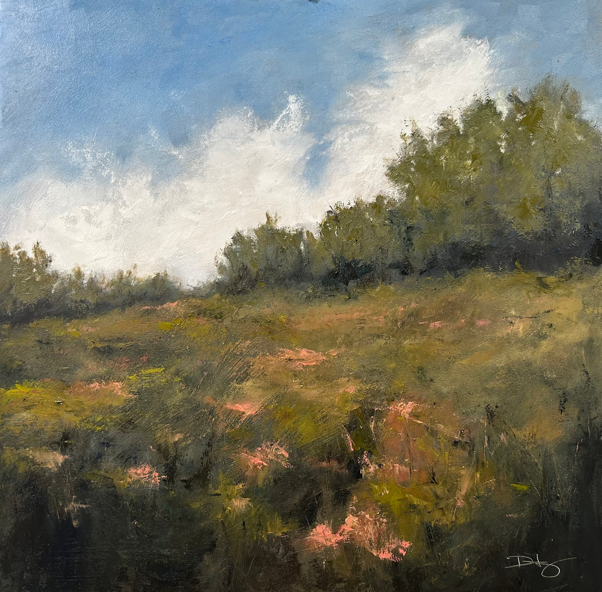 Painting of a landscape with trees and a blue sky