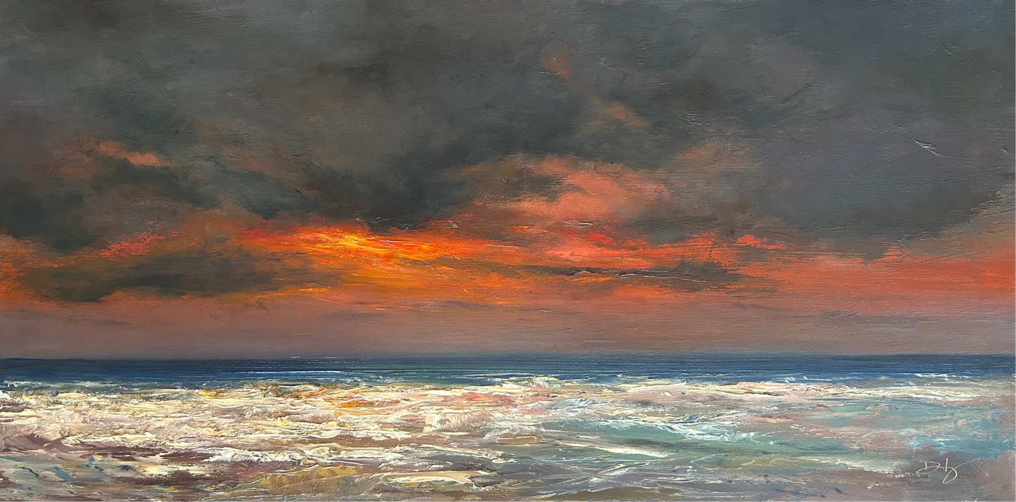 An expressive painting of an ocean scene at sunset, with dark storm clouds in gray and orange tones over a blue sea and white surf.